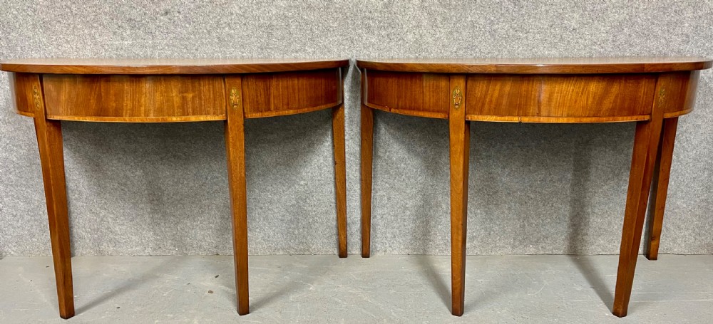 Pair George III Mahogany Demi Lune Console Tables