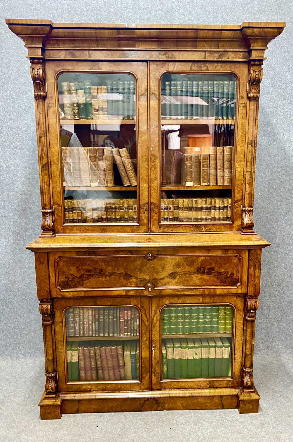 Fine Victorian Burr Walnut Secretaire Bookcase