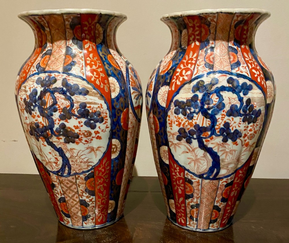 Antique Pair of Ribbed Imari Vases View II