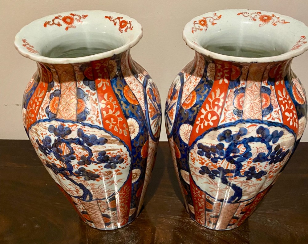 Antique Pair of Ribbed Imari Vases View III