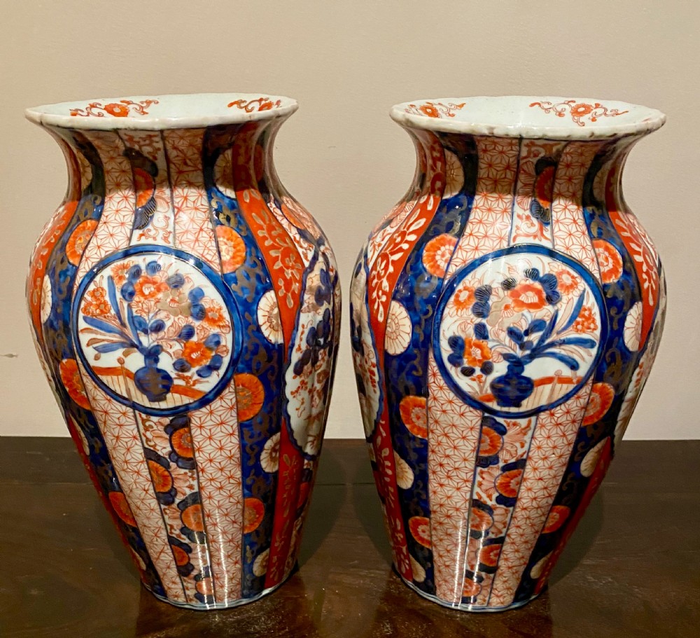 Antique Pair of Ribbed Imari Vases View V