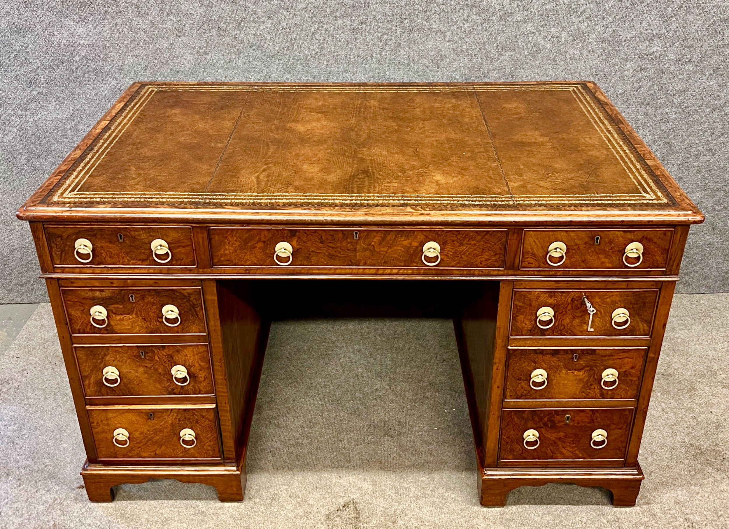 Victorian Burr Walnut Pedestal Desk.