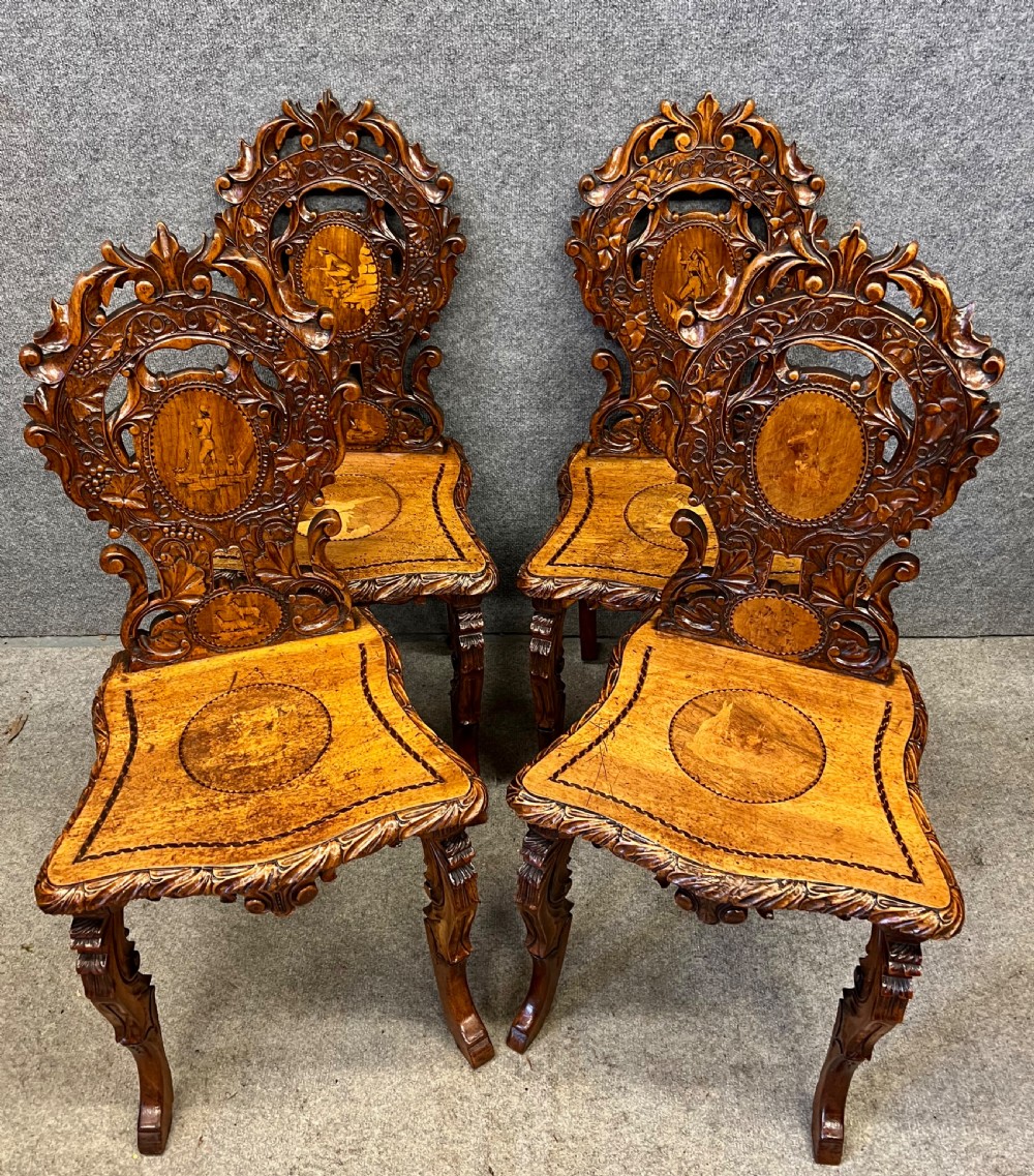 Unusual Set of 4 Black Forest Swiss Chairs View II