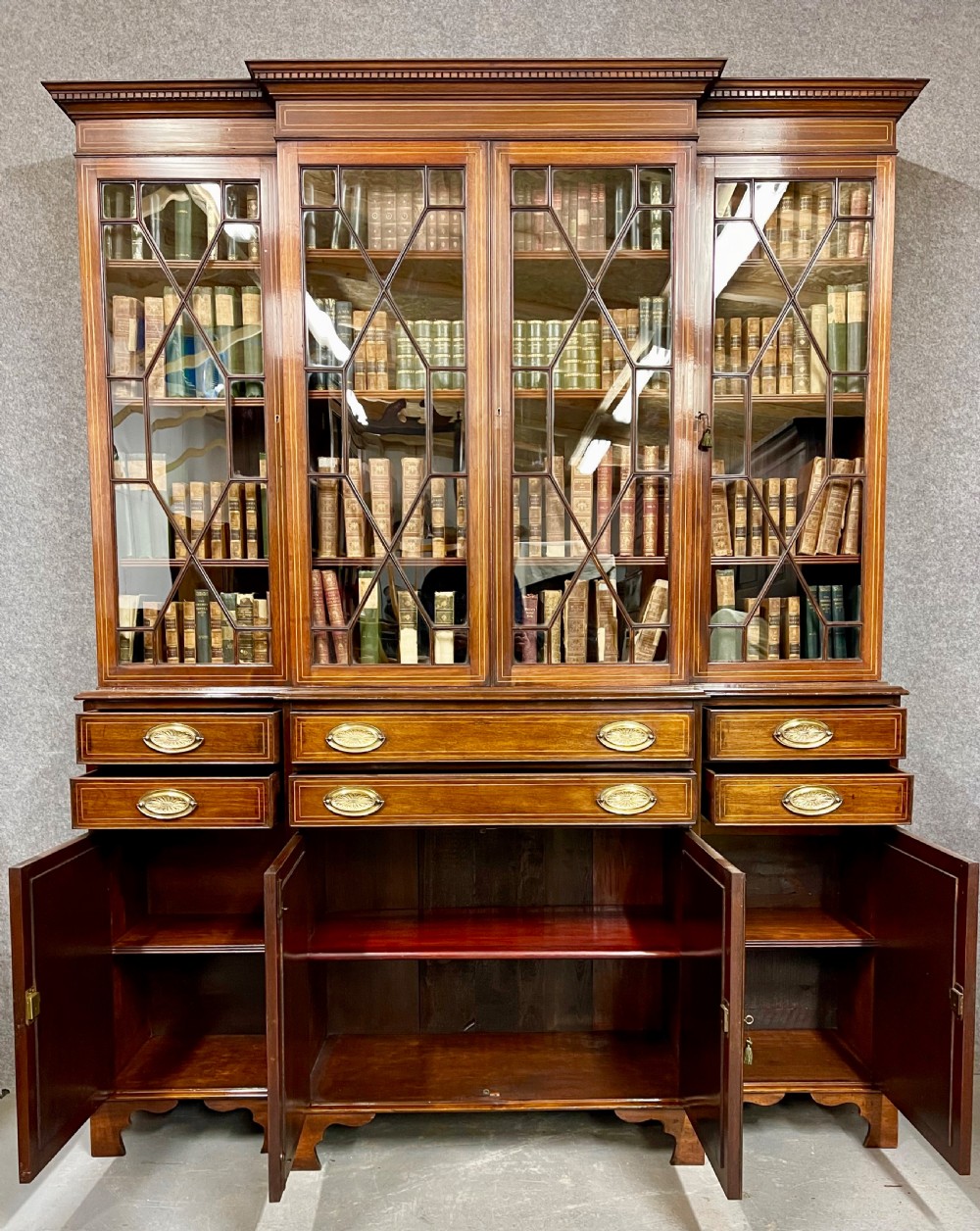Edwardian Mahogany & Inlaid Breakfront Bookcase View II