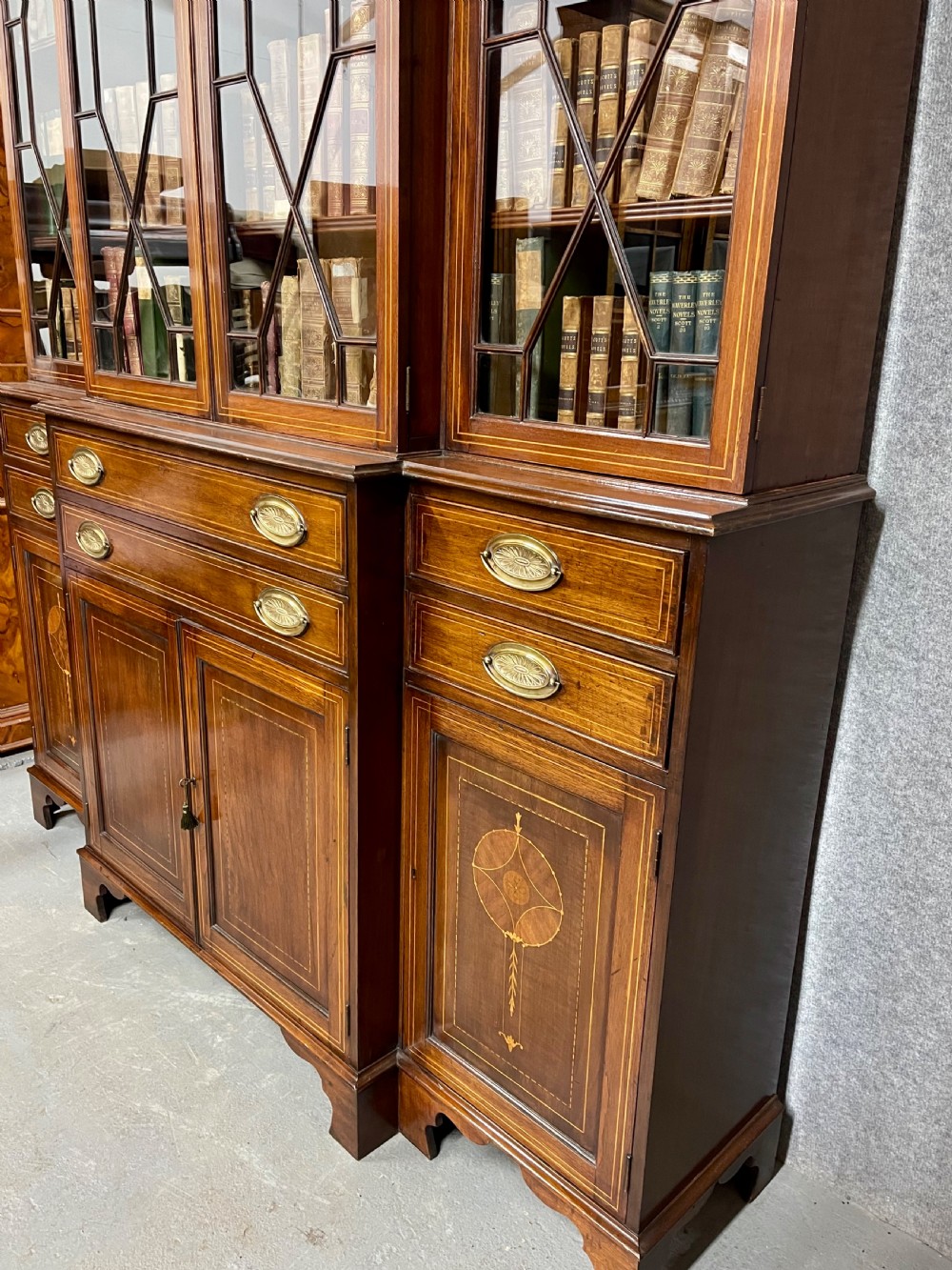 Edwardian Mahogany & Inlaid Breakfront Bookcase View V