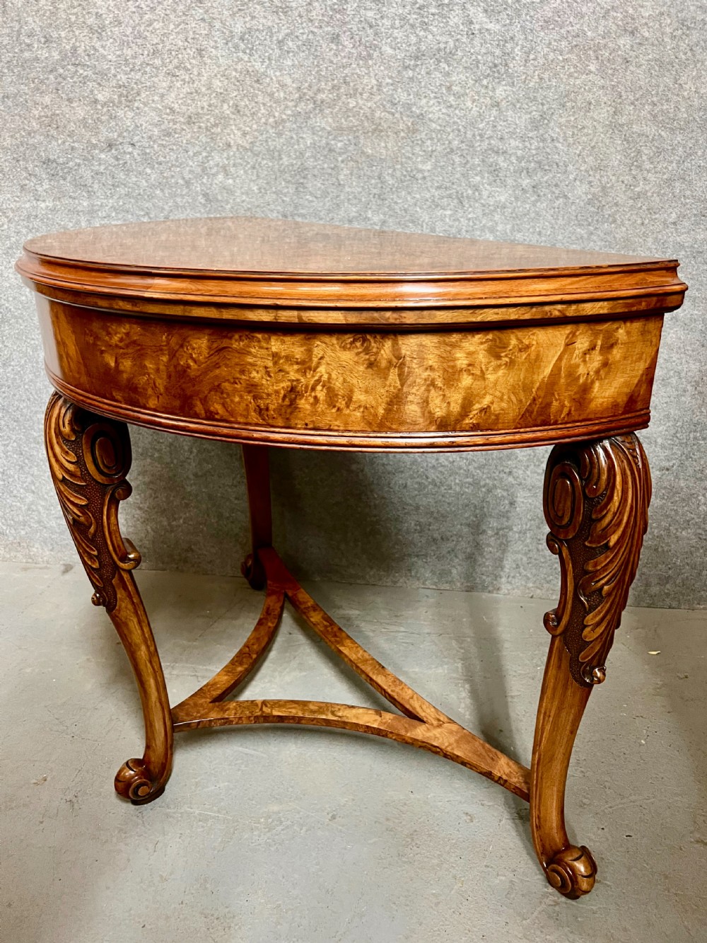 Burr Walnut Demi lune Console Table View VIII