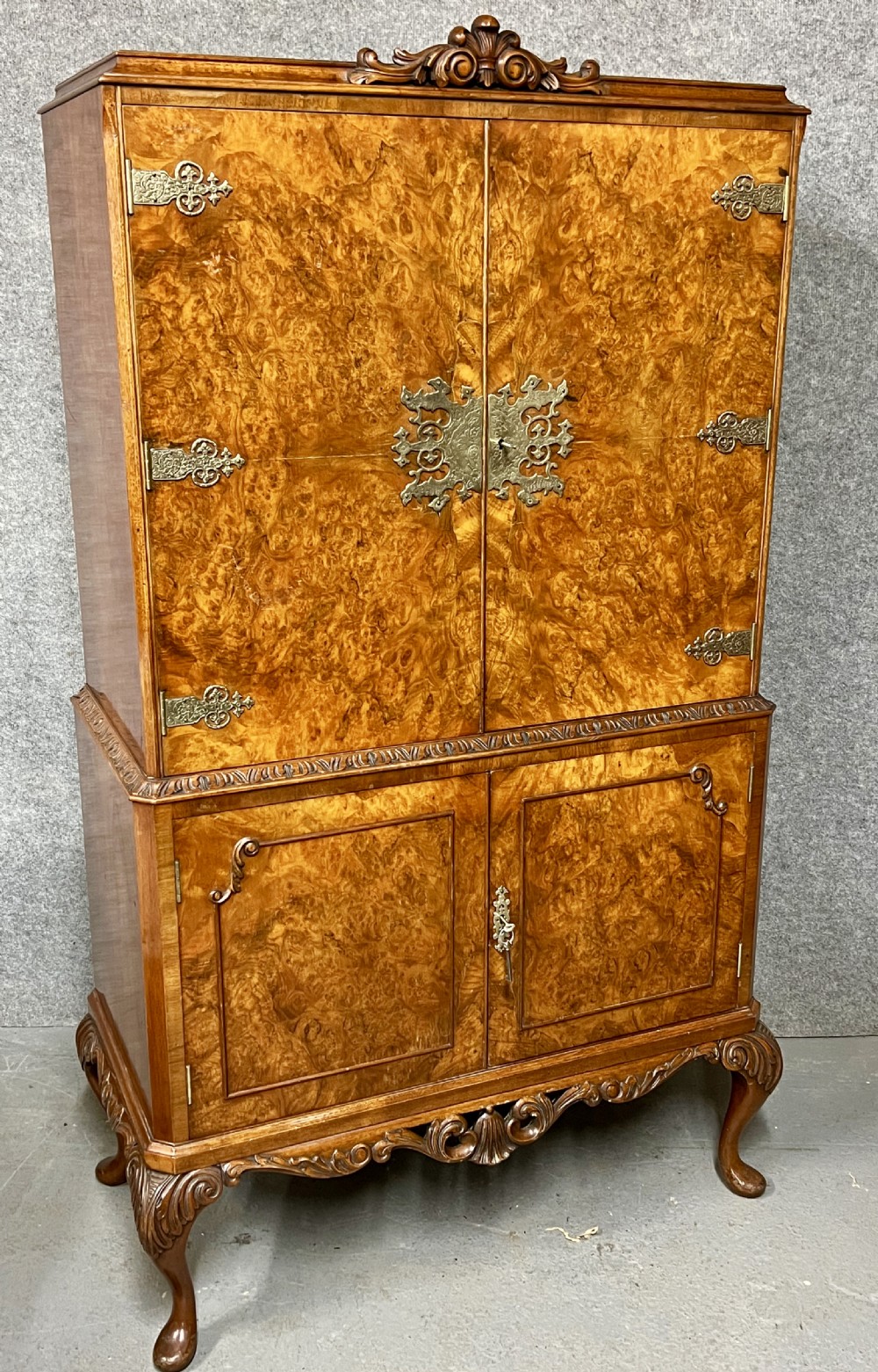 Queen Anne Style Burr Walnut Cocktail Cabinet View II