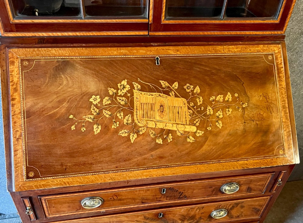 Superior Sheraton Revival Edwardian Inlaid Bureau Bookcase View III
