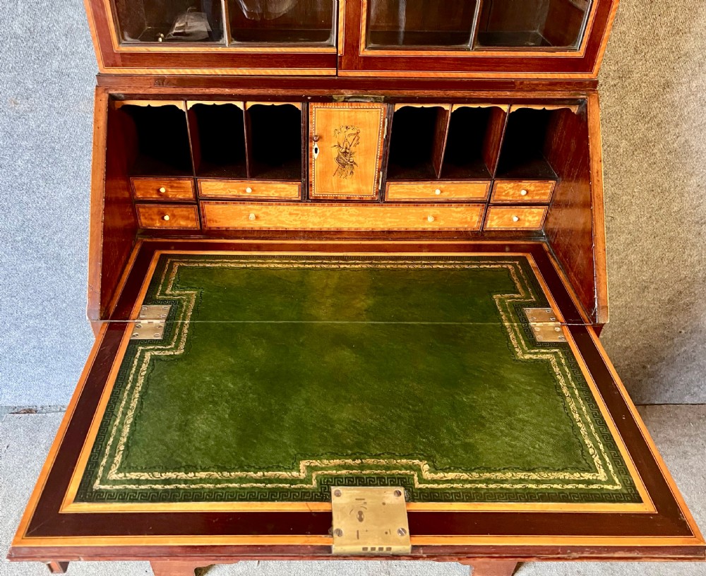 Superior Sheraton Revival Edwardian Inlaid Bureau Bookcase View IV