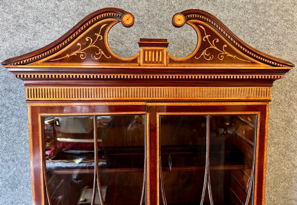 Superior Sheraton Revival Edwardian Inlaid Bureau Bookcase View VI