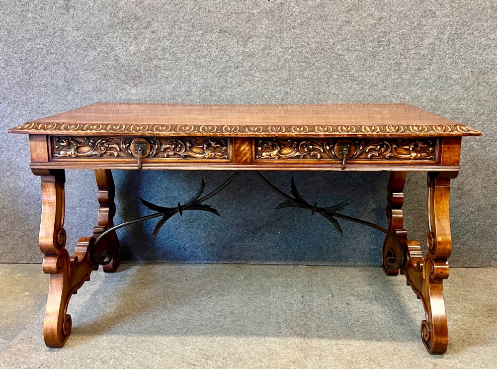 Antique Freestanding Spanish  Walnut Library Writing Table 