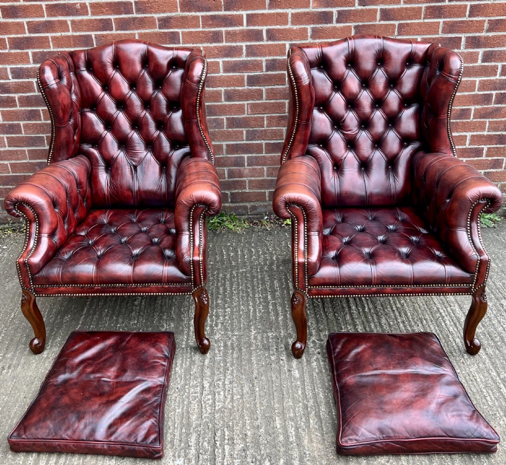 Pair of Georgian Style Leather Winged Armchairs View II