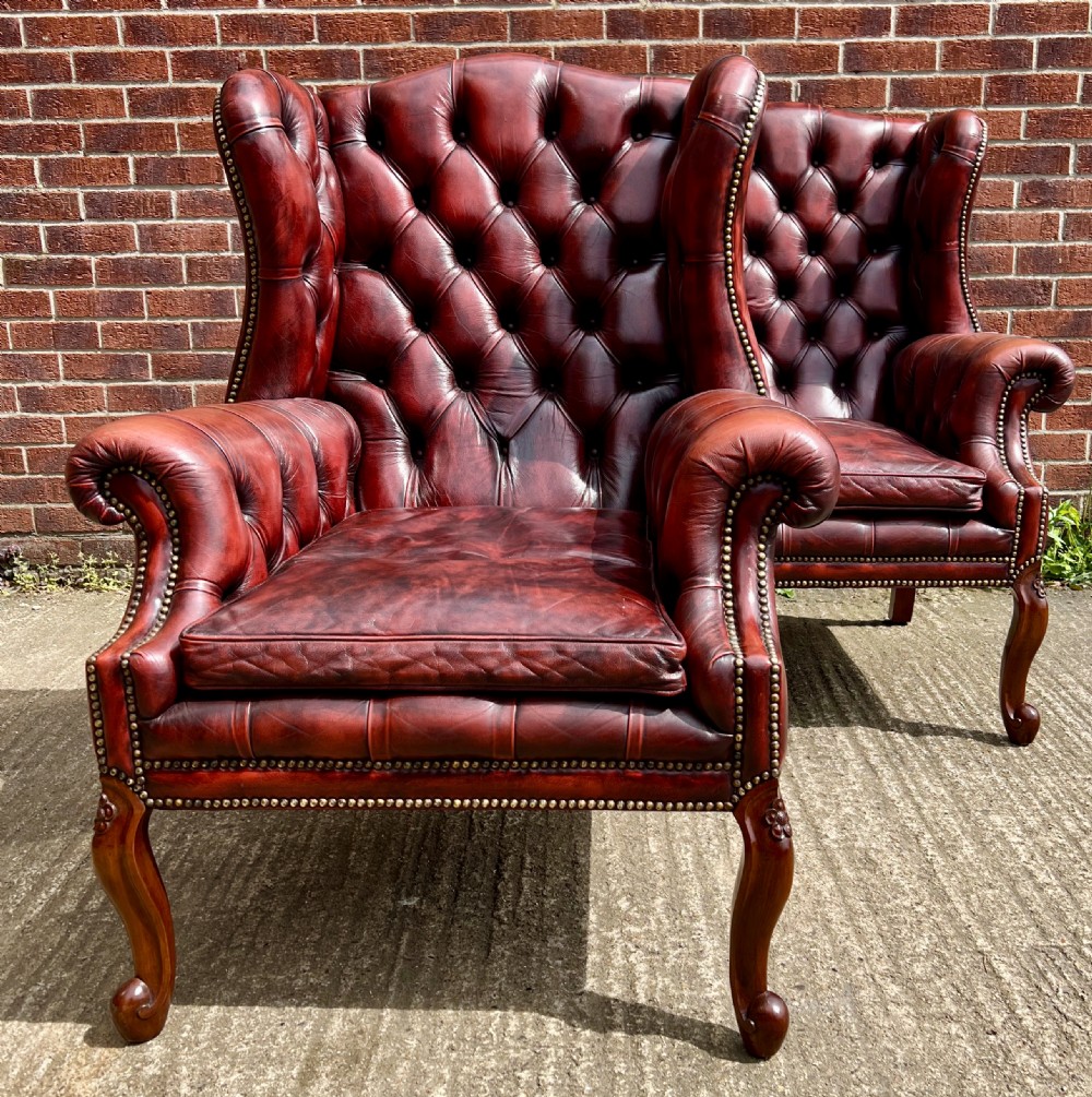 Pair of Georgian Style Leather Winged Armchairs View III