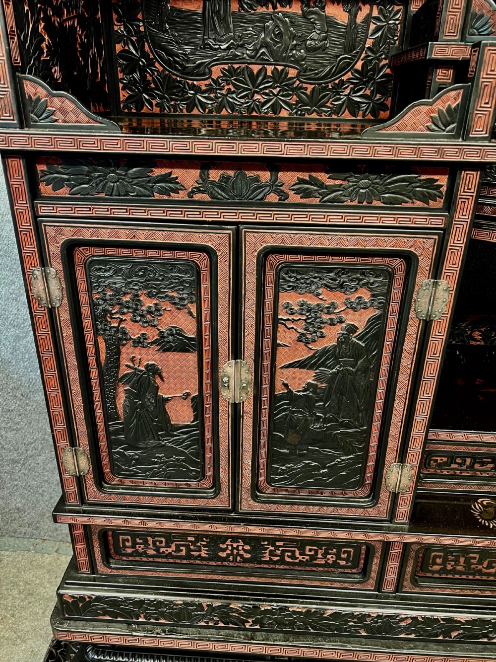 Meiji period Blac & Cinnabar Lacquer Shodana Cabinet View IX