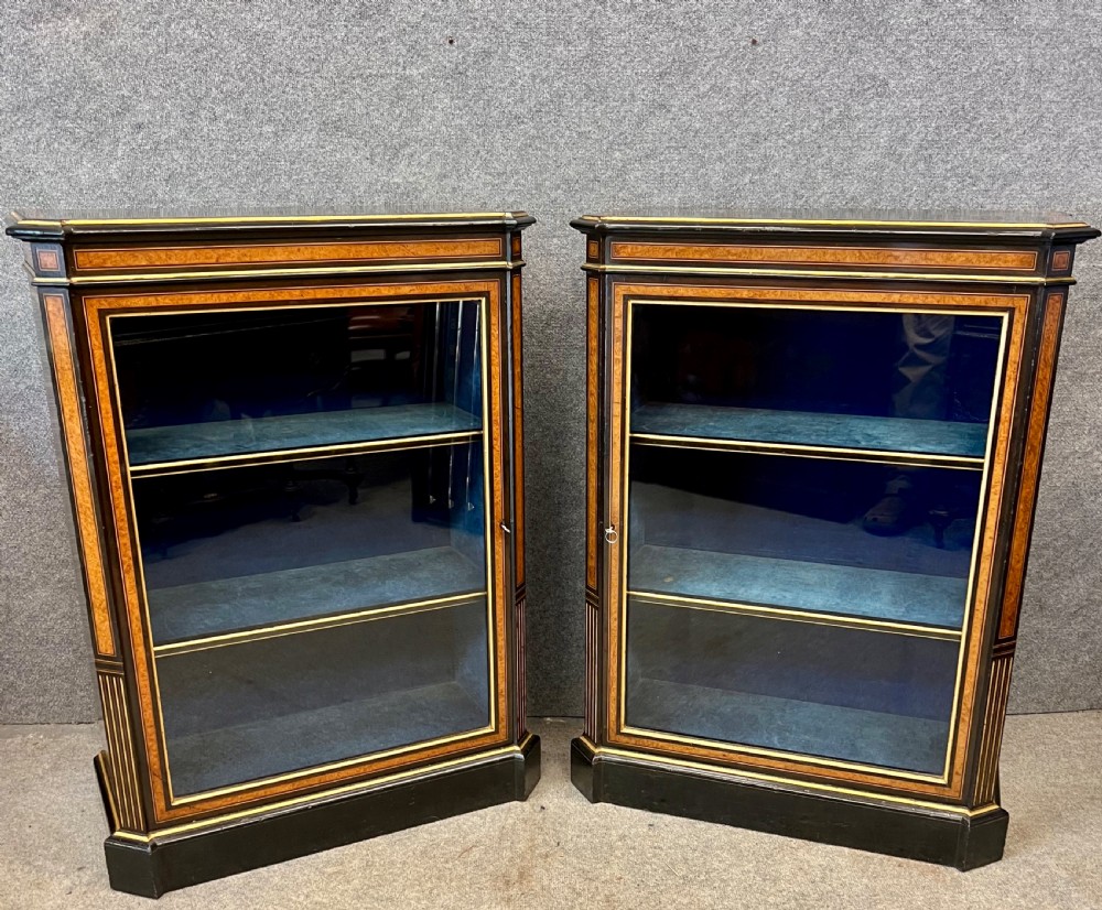 Antique True Pair of Amboyna and Ebonised Side Cabinets