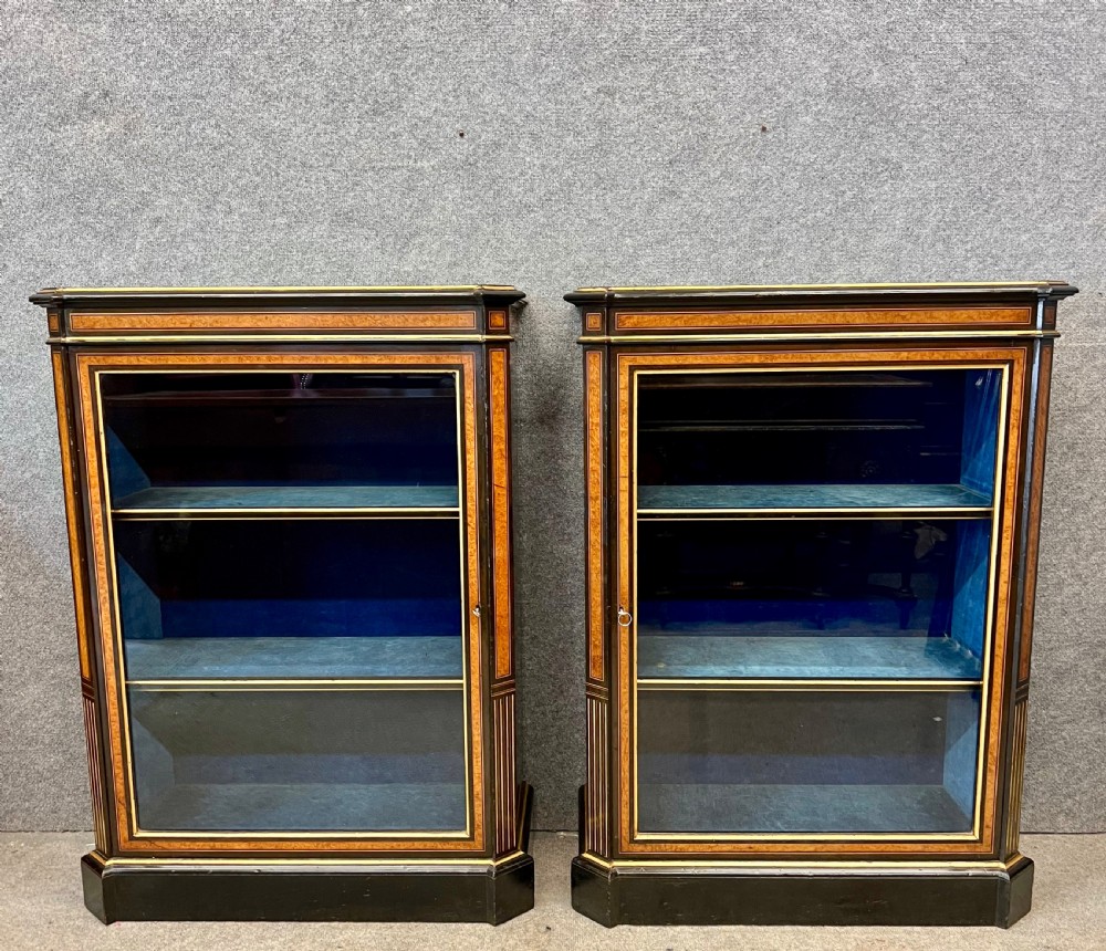 Antique True Pair of Amboyna and Ebonised Side Cabinets View II