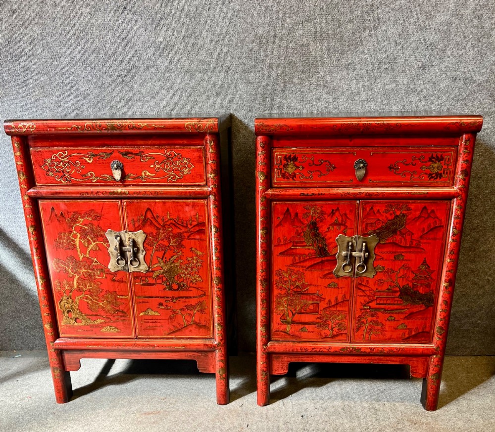 Pair Chinese Red & Black Lacquer Bedside Cabinets