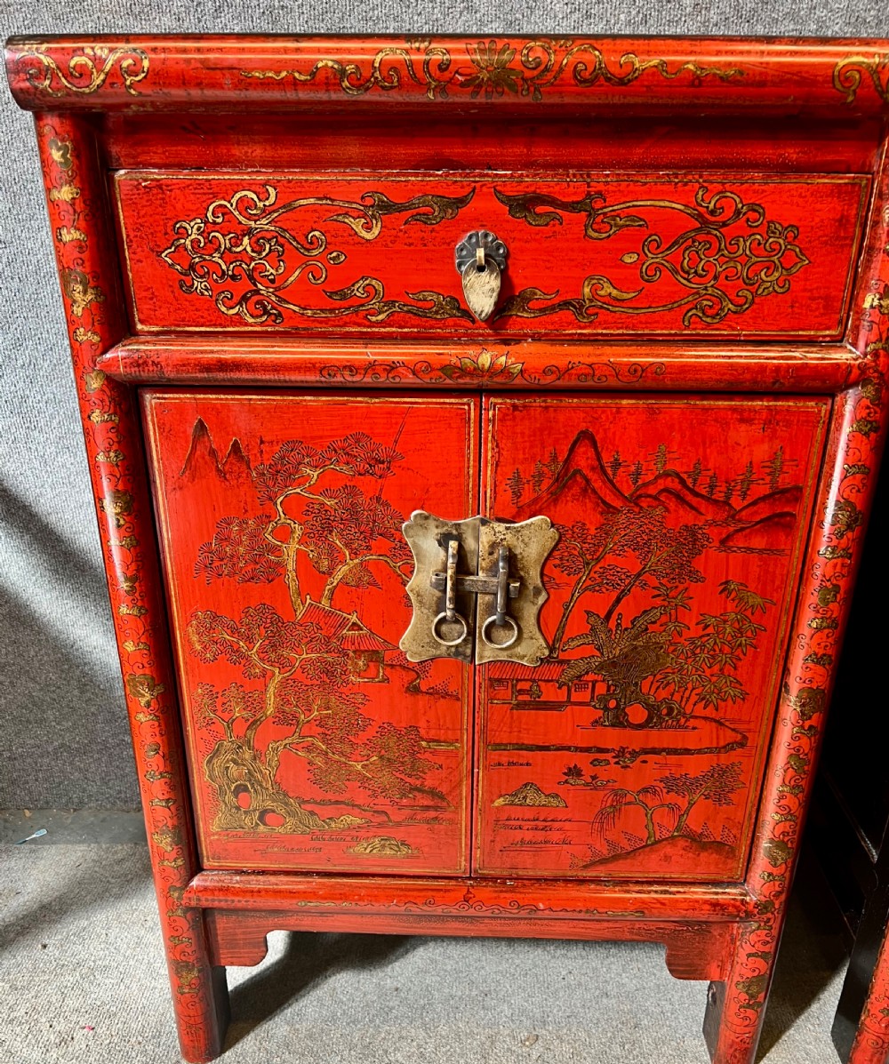 Pair Chinese Red & Black Lacquer Bedside Cabinets View II