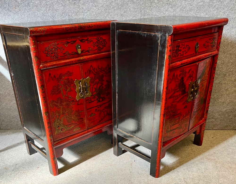 Pair Chinese Red & Black Lacquer Bedside Cabinets View III
