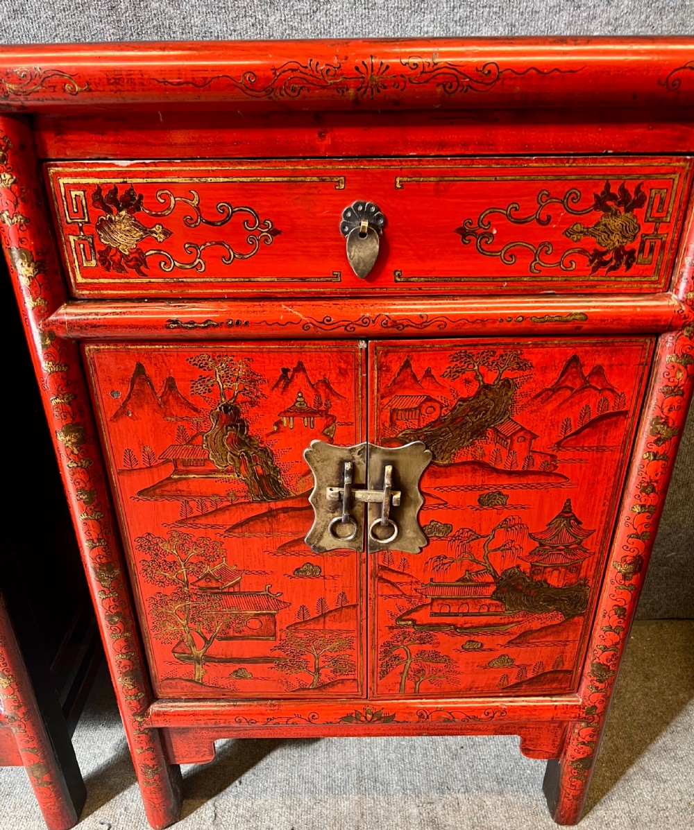 Pair Chinese Red & Black Lacquer Bedside Cabinets View IV