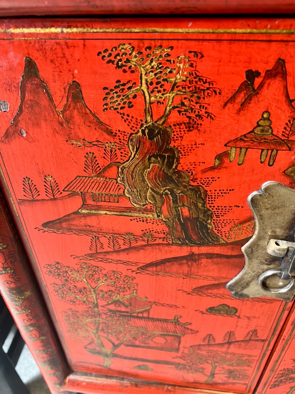 Pair Chinese Red & Black Lacquer Bedside Cabinets View V