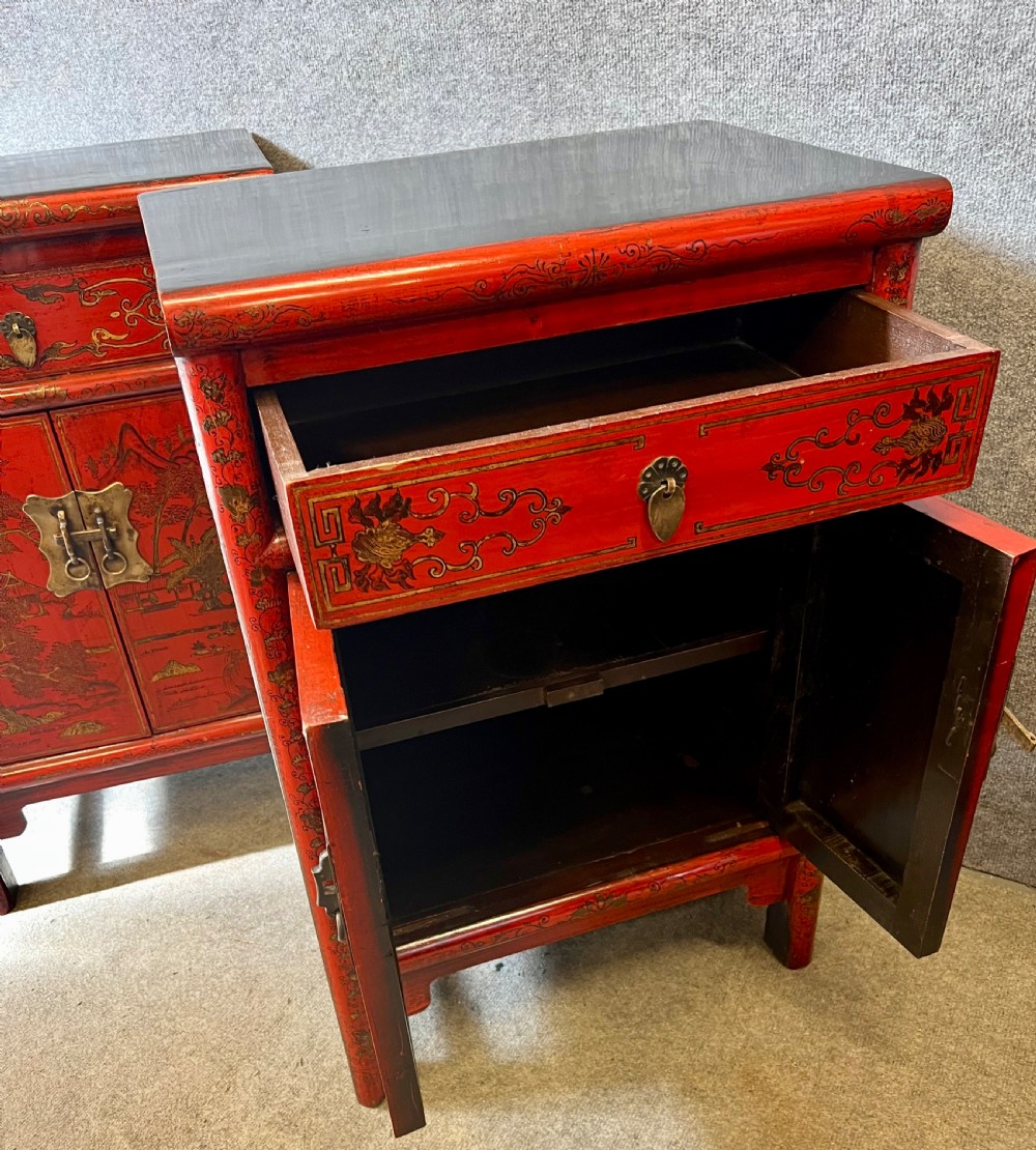 Pair Chinese Red & Black Lacquer Bedside Cabinets View VIII