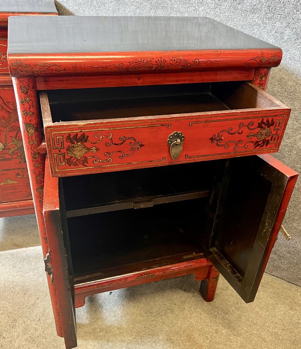 Pair Chinese Red & Black Lacquer Bedside Cabinets View IX