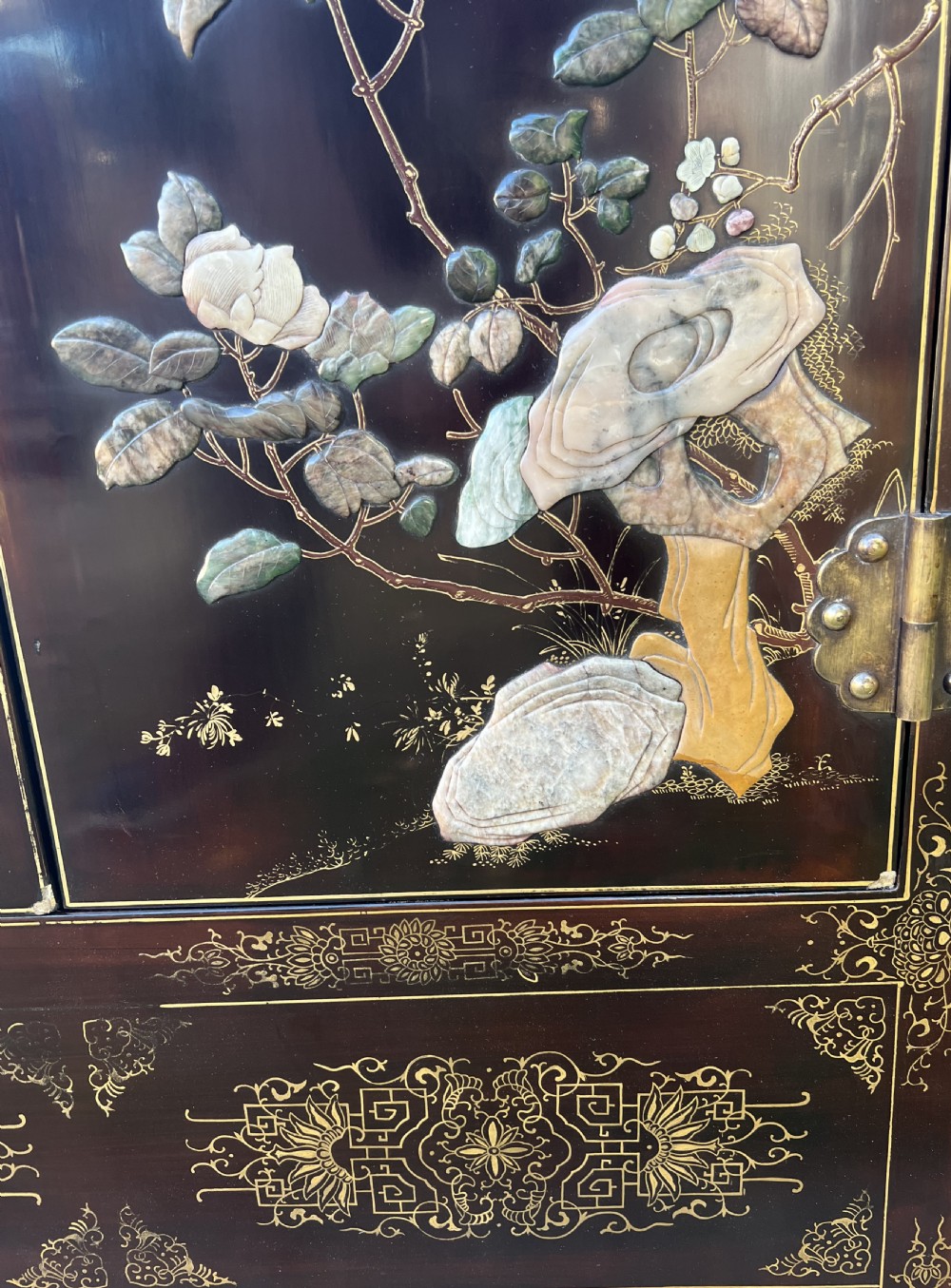 Chinese Black Lacquer & Soap Stone Cocktail Cabinet View VI