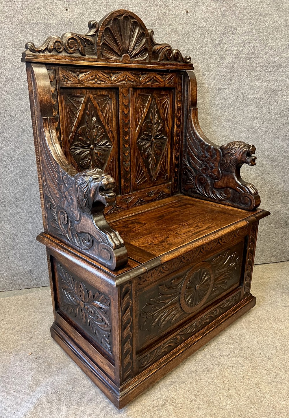 Small Victorian Carved Oak Monks Bench Hall Seat