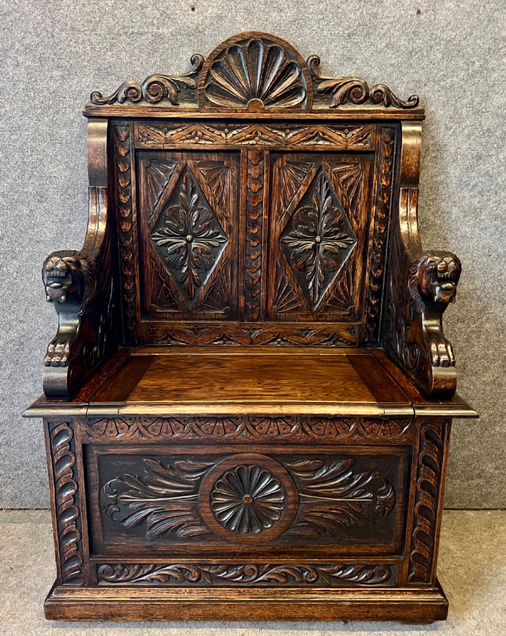 Small Victorian Carved Oak Monks Bench Hall Seat View II