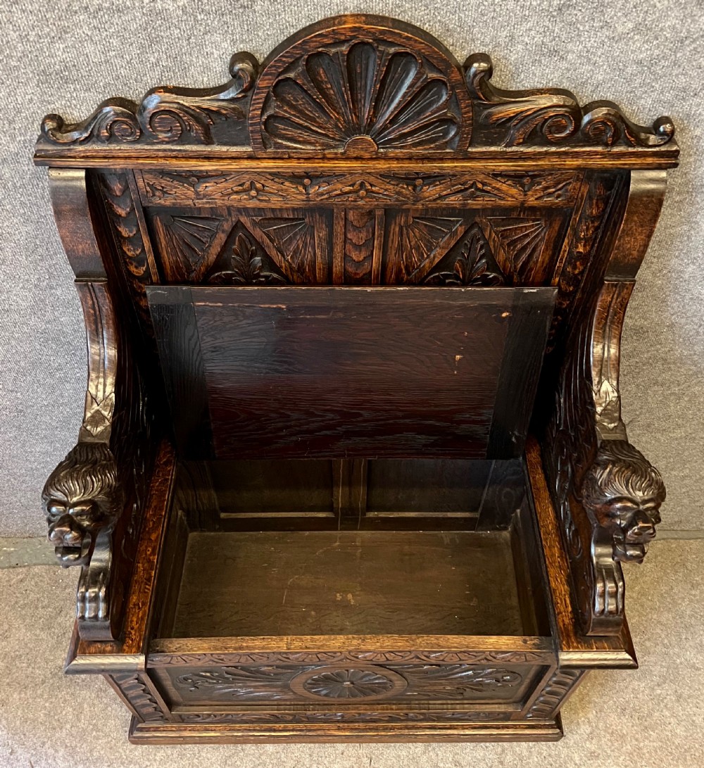 Small Victorian Carved Oak Monks Bench Hall Seat View IV