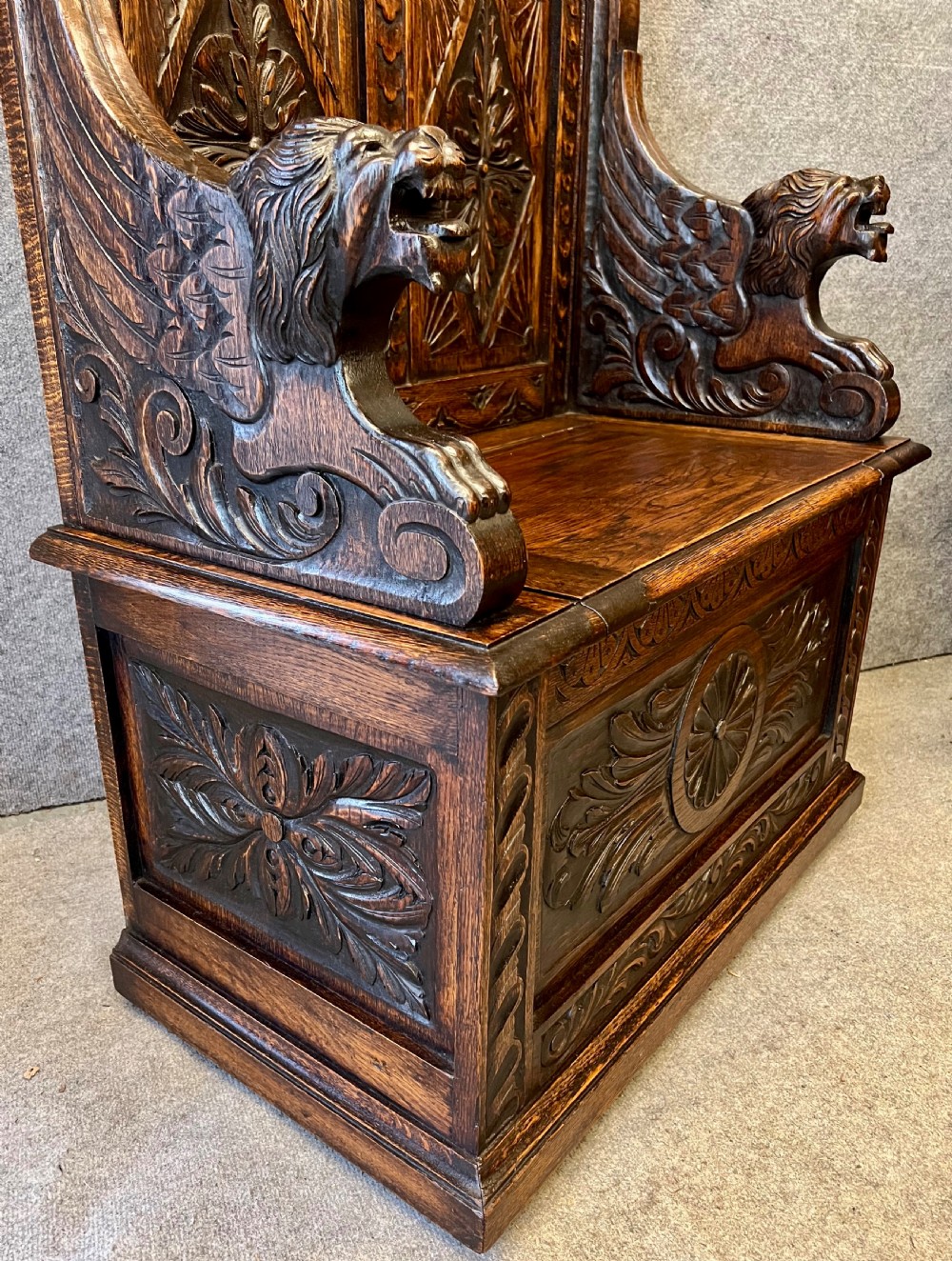 Small Victorian Carved Oak Monks Bench Hall Seat View V