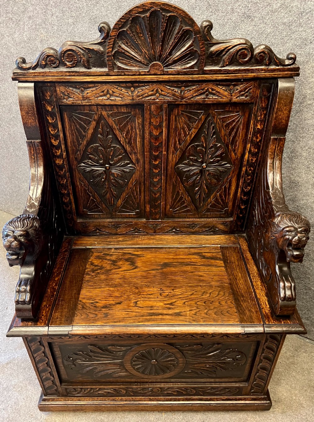 Small Victorian Carved Oak Monks Bench Hall Seat View VI