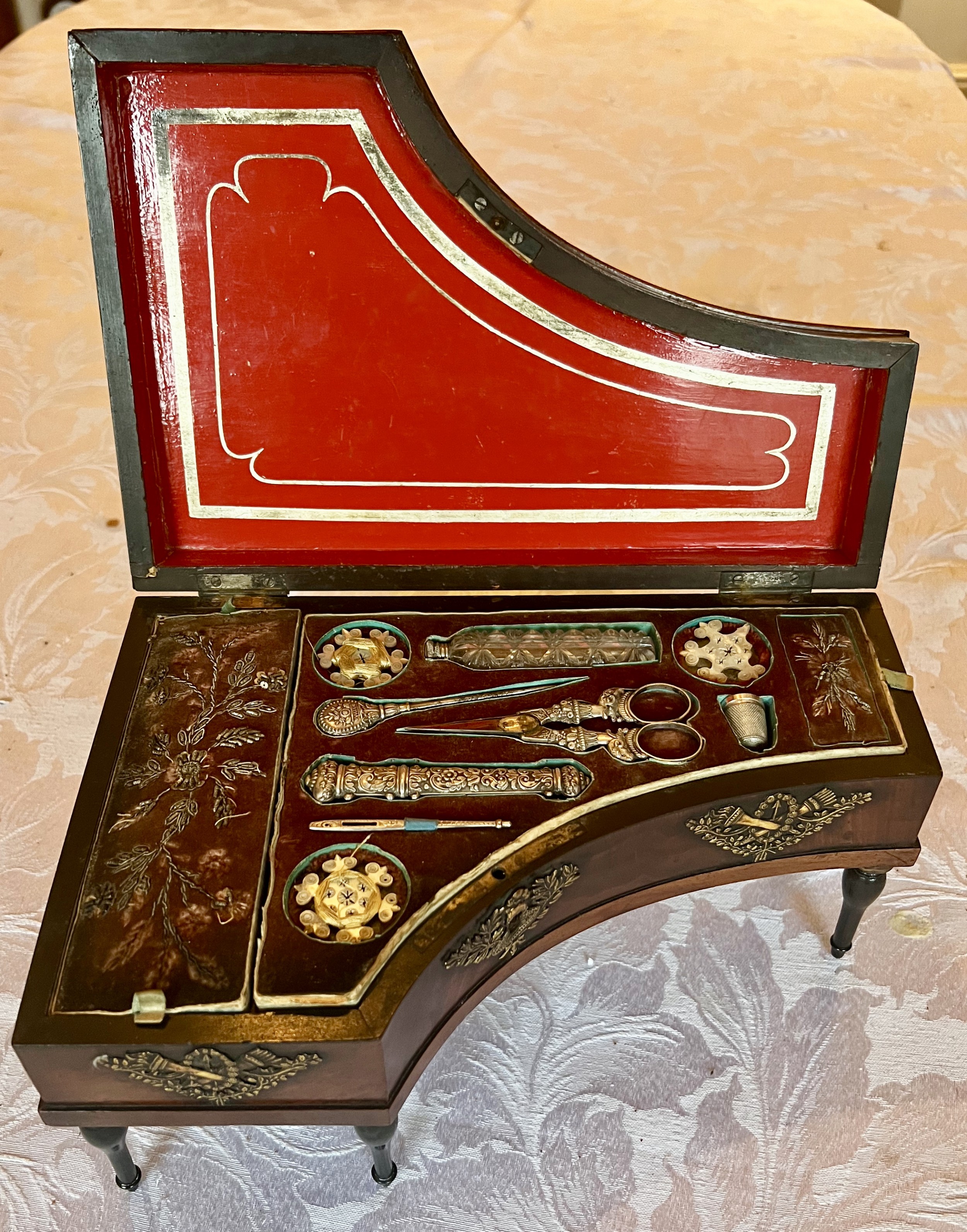 Complete 19th Century French Palais Royal Mahogany Sewing Box.