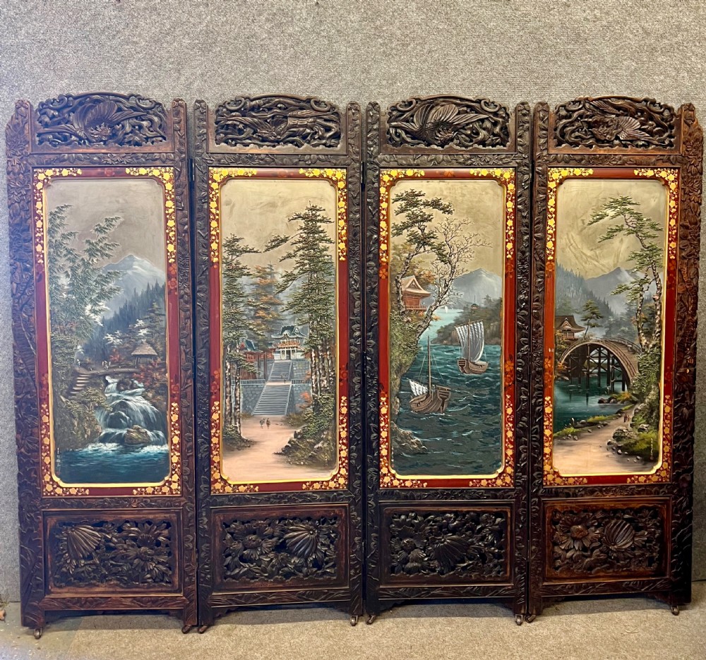 Japanese Meiji Period Hand Painted Room Divider Screen