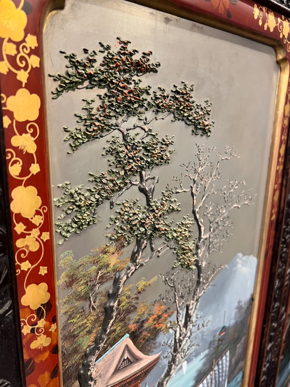 Japanese Meiji Period Hand Painted Room Divider Screen View XVI