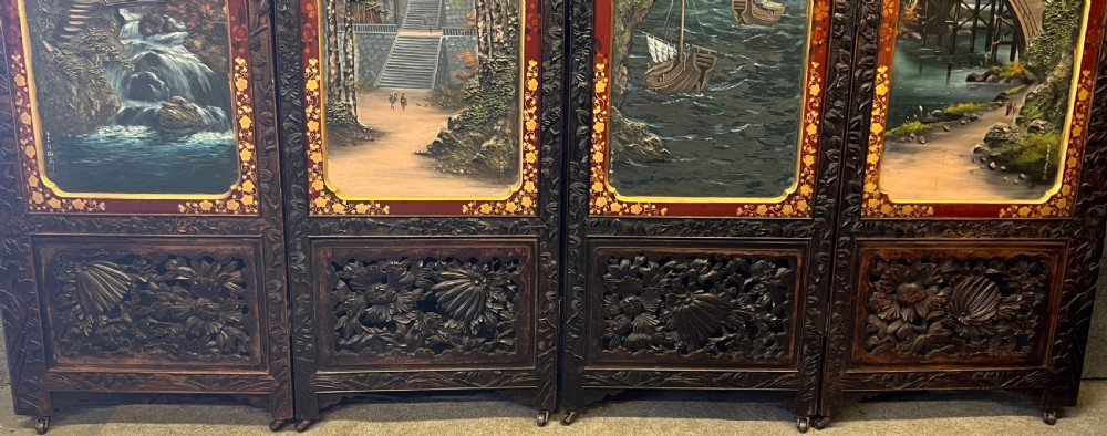 Japanese Meiji Period Hand Painted Room Divider Screen View XVIII
