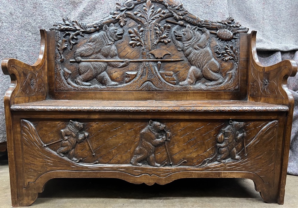 Stunning  Signed H.Spring of Interlaken Black Forest Bear Hall Bench Seat View X