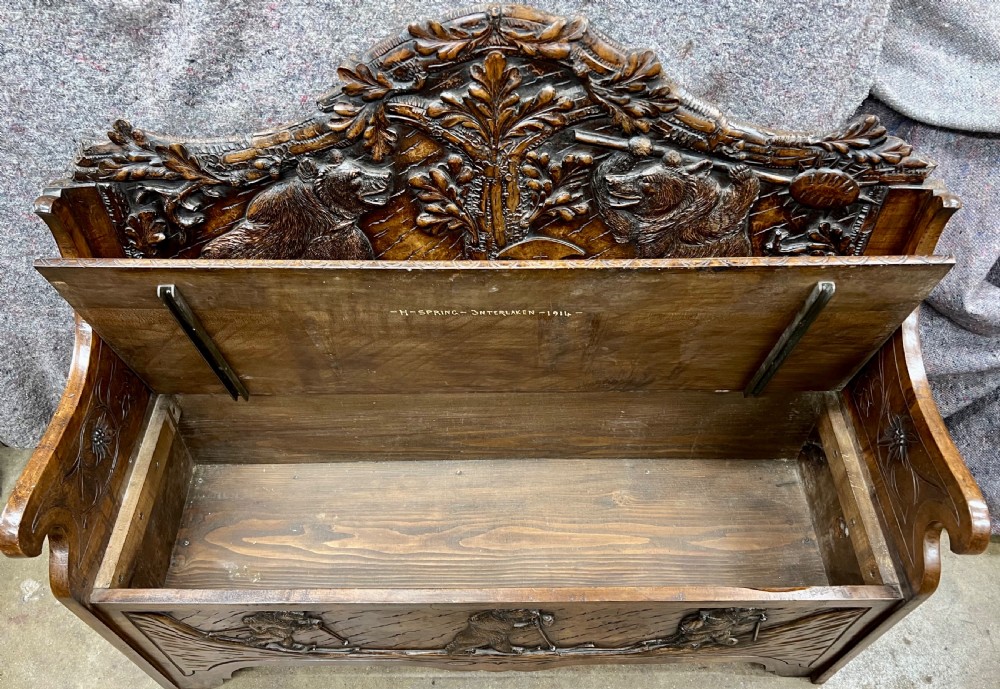 Stunning  Signed H.Spring of Interlaken Black Forest Bear Hall Bench Seat View XV