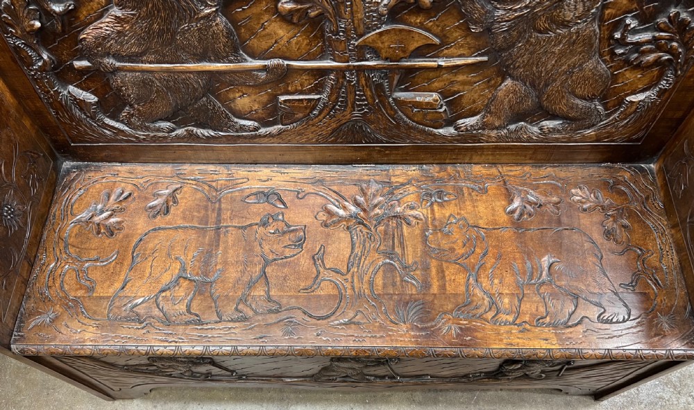 Stunning  Signed H.Spring of Interlaken Black Forest Bear Hall Bench Seat View XIX