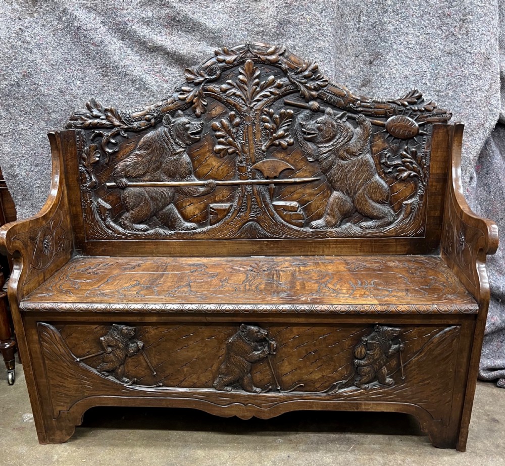 Stunning  Signed H.Spring of Interlaken Black Forest Bear Hall Bench Seat View XX