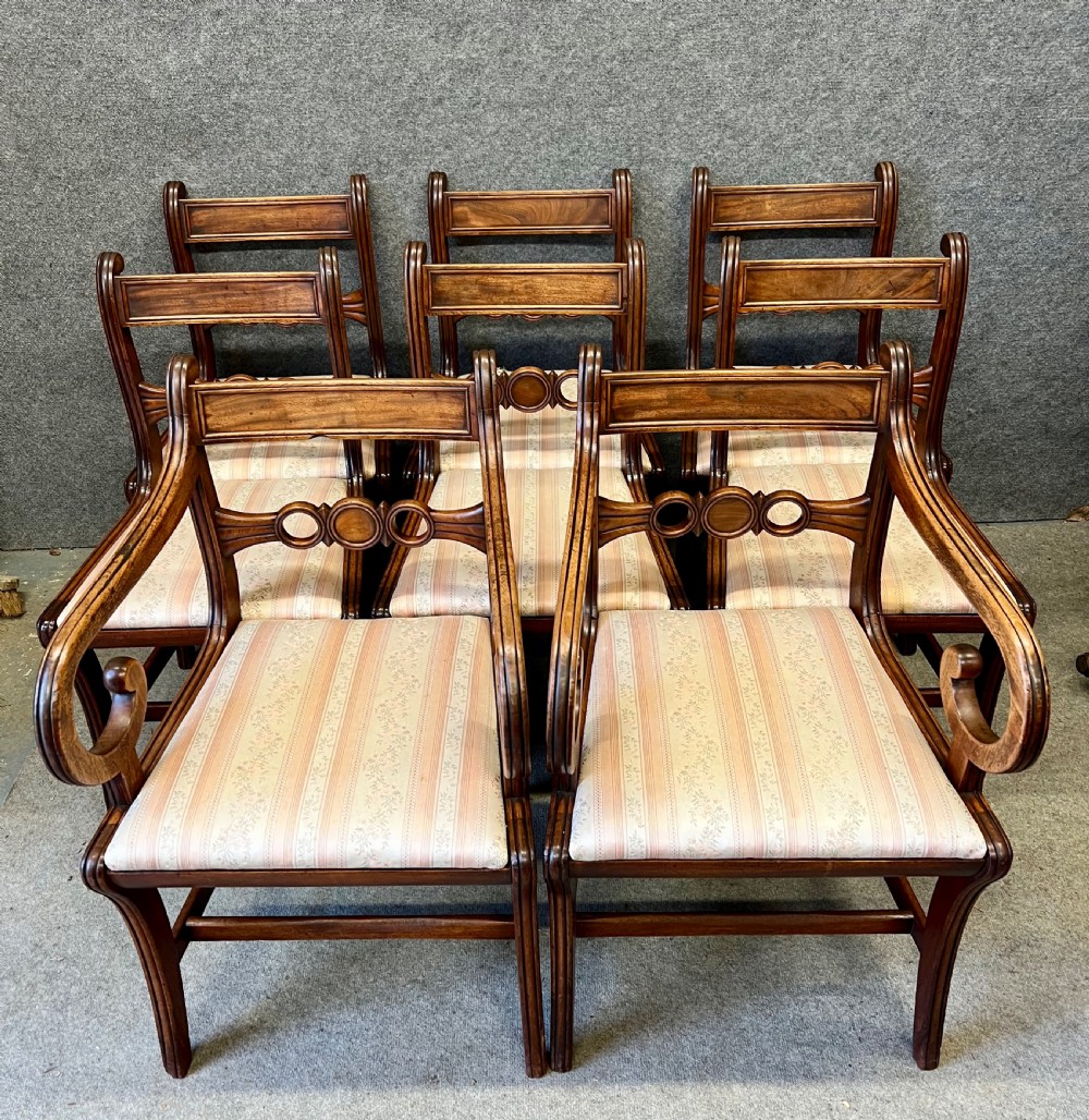 Regency Set of 8 (6 + 2) Mahogany Sabre Leg Dining Chairs