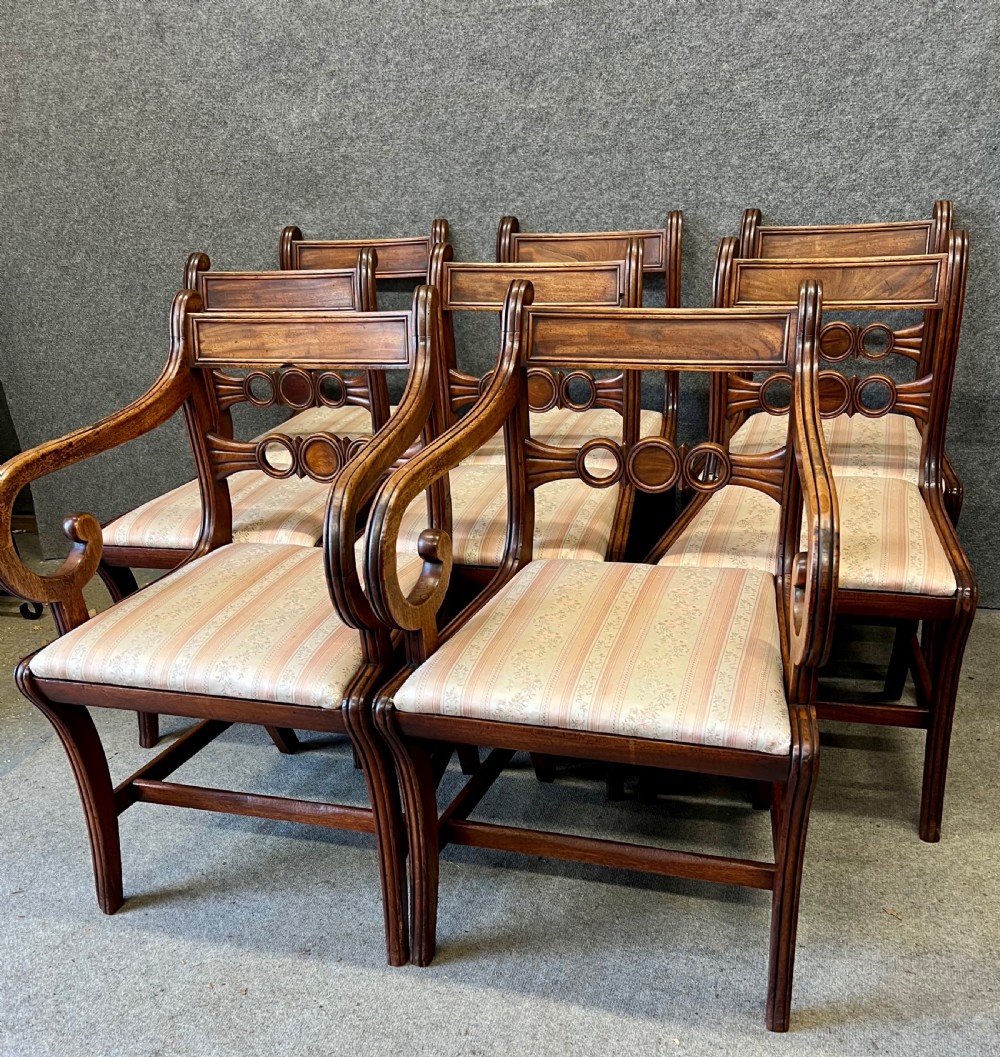 Regency Set of 8 (6 + 2) Mahogany Sabre Leg Dining Chairs View II