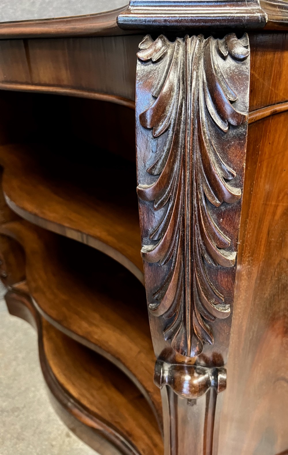 A low nineteenth-century open bookcase crafted from Goncalo Alves wood, featuring serpentine front shelves and carved acanthus leaf corbels. View IV