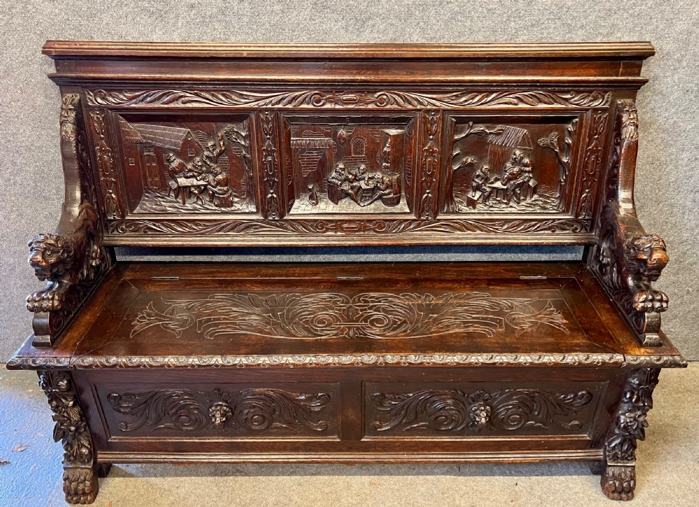 Superb Carved Oak Hall Seat Bench