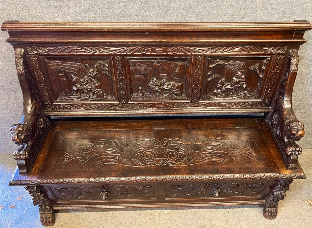 Superb Carved Oak Hall Seat Bench View II
