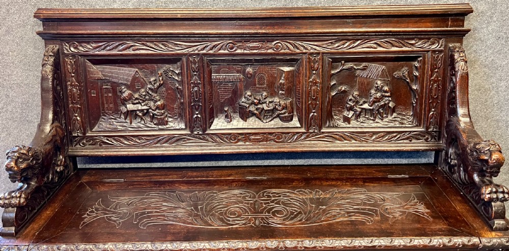 Superb Carved Oak Hall Seat Bench View III