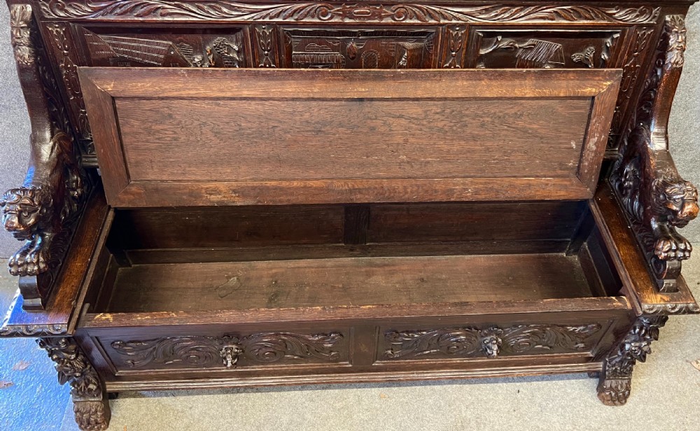 Superb Carved Oak Hall Seat Bench View IV