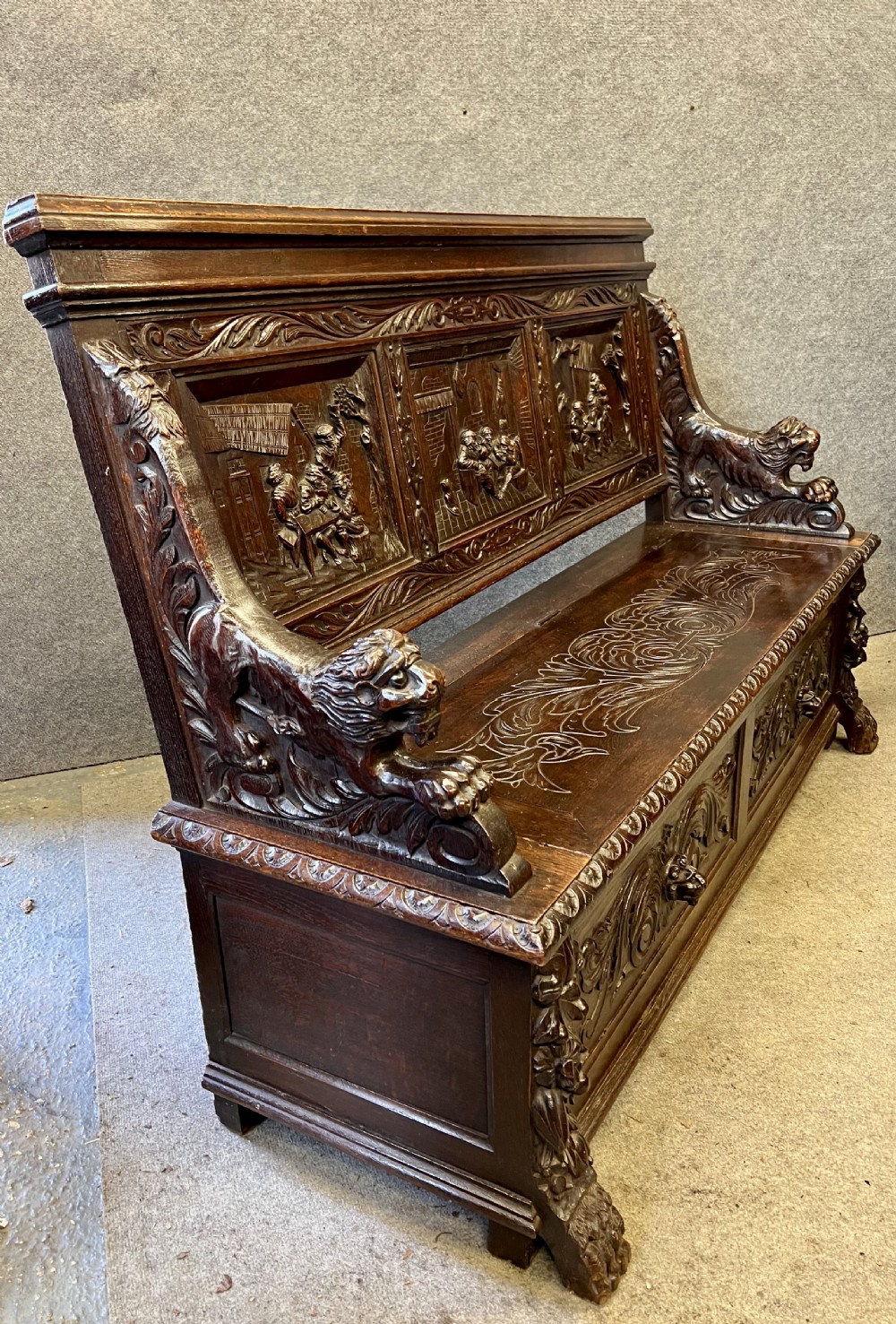 Superb Carved Oak Hall Seat Bench View VIII