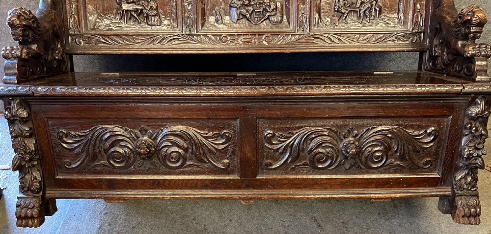 Superb Carved Oak Hall Seat Bench View XI